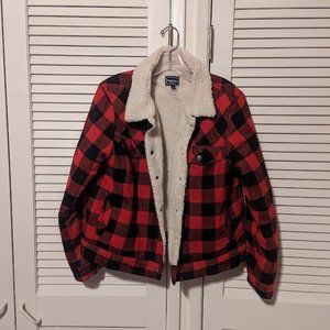 Funky Tribe Red/Black Buffalo Check, Sherpa Lined Trucker Jacket - Size Large